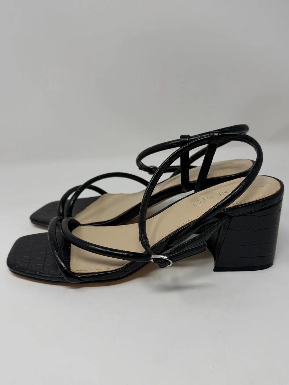 Women’s Nine West Black Croc-Embossed Strappy Block Heels
